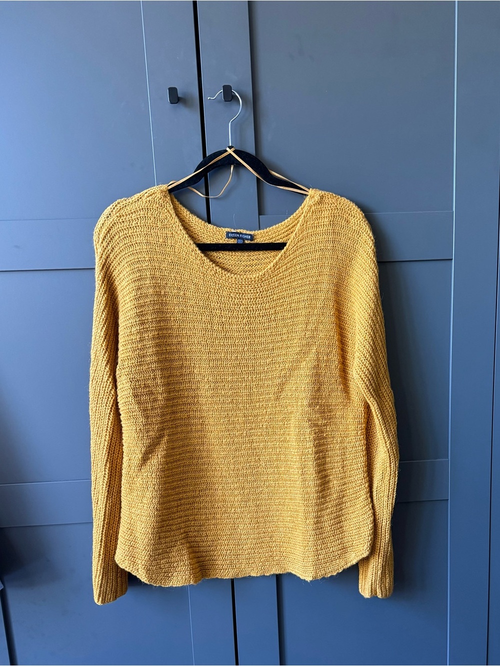 Eileen Fisher, L, goldenrod pullover, rounded bottom, Alpaca and Silk